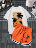 Two-Piece Set Men's Palm Tree Print Short Sleeve Tee & Shorts, Regular Fit Casual Round Neck T-shirt & Shorts, Men's Summer C...