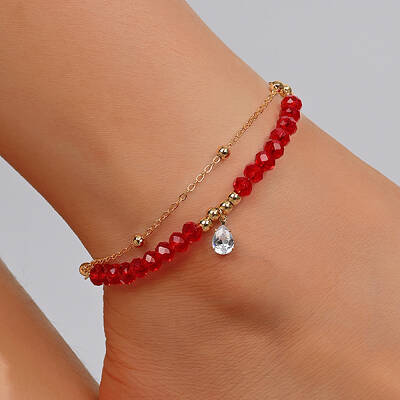 Fashionable Double Layered Adjustable Beach Anklet with Colorful Zircon Stones