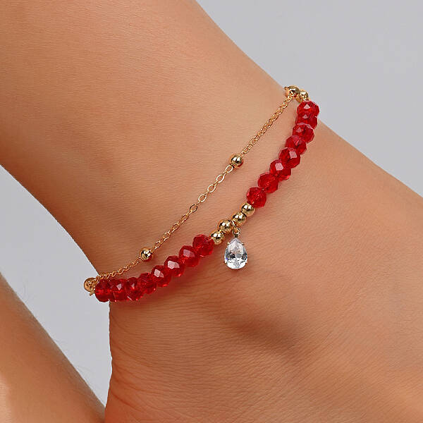 Fashionable Double Layered Adjustable Beach Anklet with Colorful Zircon Stones
