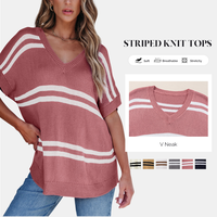 SHEWIN 2025 Women’s Going Tops Trend – Oversized Drop-Shoulder Casual Striped Vneck Knitting ShortSleeve Sweater Top, Loo...