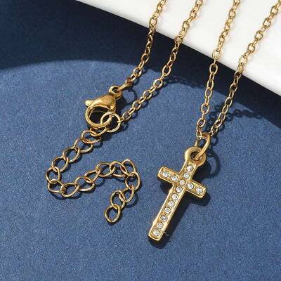 304 Stainless Steel Crystal Rhinestone Cross Pendant Necklaces