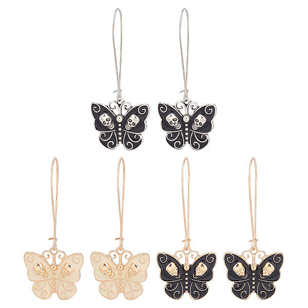 3 Pair 3 Color Enamel Butterfly with Skull Hoop Earrings