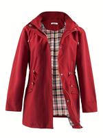 【Plus Size】 Plain Drawstring Longsleeves Hooded Trench Coat, Casual Long Sleeve Zipper Jacket for All Seasons, Cold Weath...
