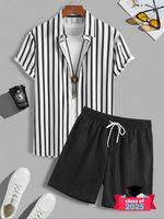 Men's Colorblock Striped Print Button Front Shirt & Shorts Set, Casual Short Sleeve Collared Top & Shorts, Men's Summer Clo...