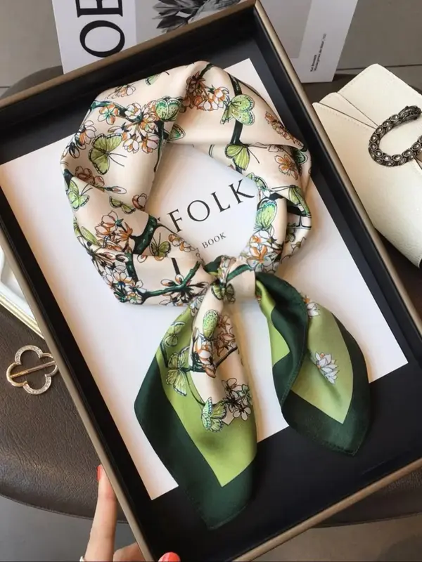 Women's Elegant Floral & Butterfly Print Square Scarf, Fashionable Satin Scarf for Daily Wear, Casual Versatile Scarf for Wom...