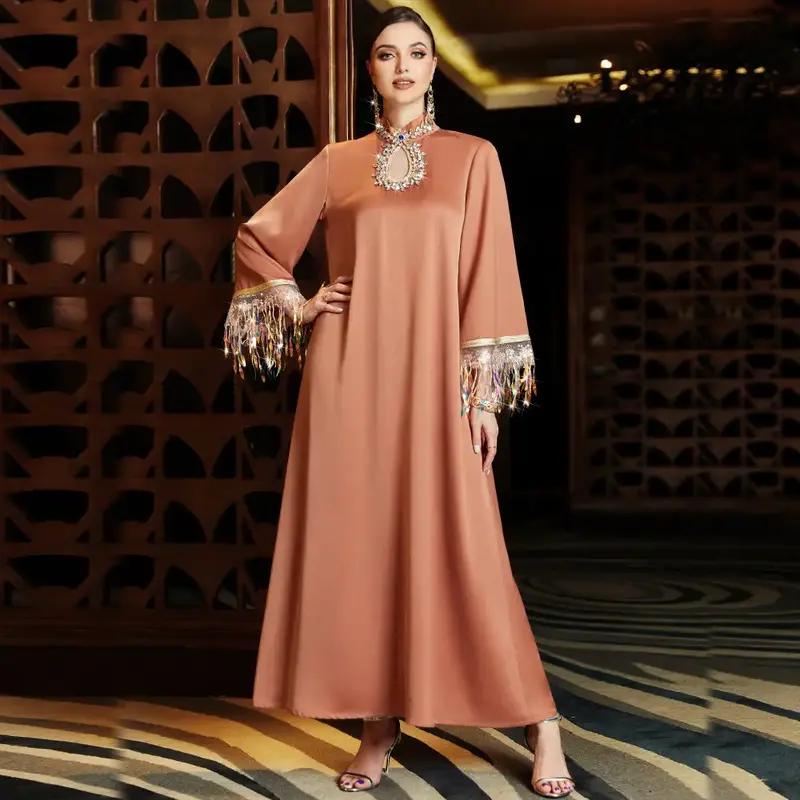 2025New color-changing laser-gradient fringed abaya long dress with a slit at the neckline