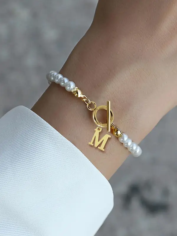 Women's Elegant Faux Pearl Decor 26 Letter Design Bead Bracelet, Trendy Exquisite Matching Bracelet, Chic Gorgeous Jewelry As...