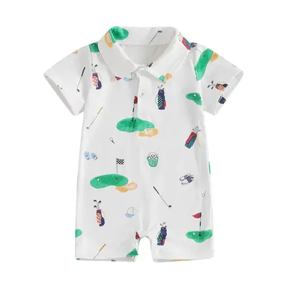 Baby Boy Girl Summer Clothes Infant Golf Romper Newborn Half Button-up Lapel Neck Short Sleeve Onesie Hole In One Birthday Bo...