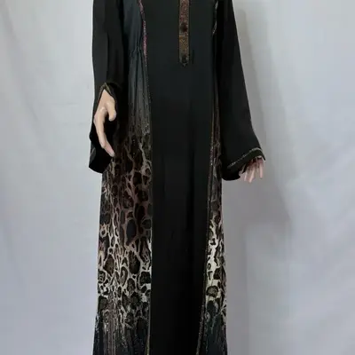 Black Leopard Maxi Long Sleeve Dress with Side Adjustable Strings and Pockets for Stylish Wear