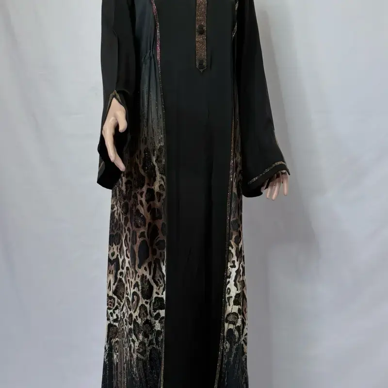 Black Leopard Maxi Long Sleeve Dress with Side Adjustable Strings and Pockets for Stylish Wear