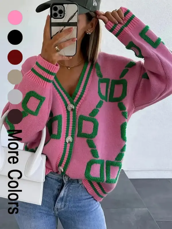 Women's Colorblock Contrast Binding Button Front Cardigan, Casual Drop Shoulder Long Sleeve V Neck Cardigan Sweater for Sprin...