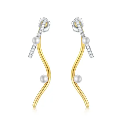 14K Two-Tone Circular Moissanite With Pearl Drop Earrings For Women