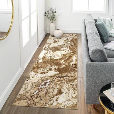 Garvee Abstract Brown 2x8 Marble Runner Rug Non Slip Washable Polyester Abstract Pattern for Kitchen Hallway Bedroom Entryway
