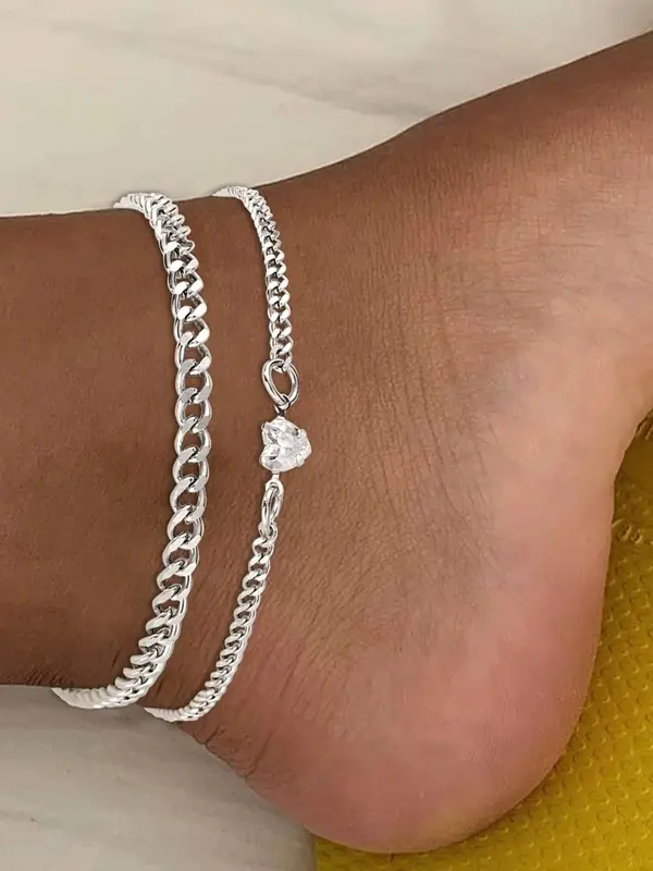 Fashion Chain & Rhinestone Heart Decor Adjustable Anklet for Women & Girls, New Fashion Stainless Steel Anklet for Party, Dai...