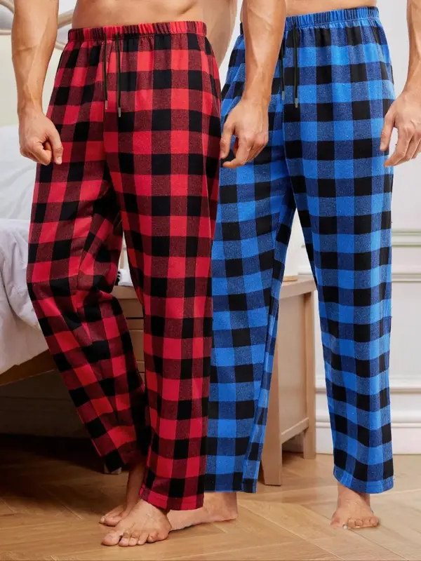 Men's 2pcs Plaid Print Drawstring Waist Sleep Pants, Casual Comfortable Elastic Waist Pocket Design Pajamas Pants, Sleepwear ...