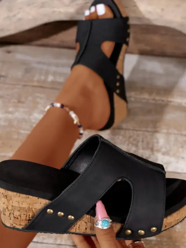 Women's Summer Solid Hollow Out Studded Design Slide Sandals for Vacation, 2024 Casual Comfort Wedge Sandals for Beach, All-m...