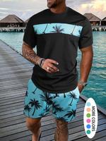 Men's Coconut Print Tee & Shorts Suits Set, Short Sleeve T-shirt Tops & Shorts Set, Men Outfits for Beach Vacation Formal Wea...