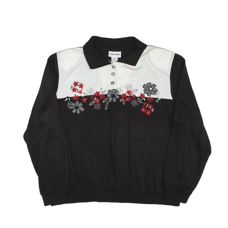ALFRED DUNNER Flower Sweatshirt Black Collared Womens XL