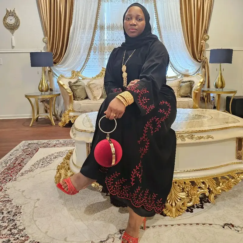 Scarlet Bloom Abaya - Black Traditional Dress with Red Embroidery Details