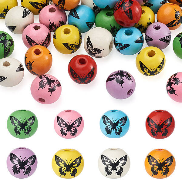 80Pcs 8 Colors Printed Natural Wood Beads