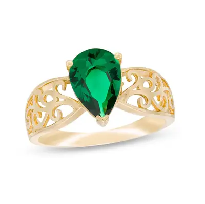 10K Gold Pear Cut Lab-Created Emerald Wide Filigree Band