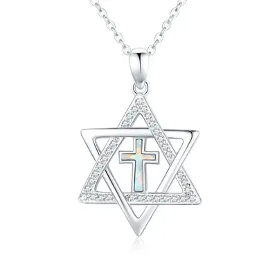 Sterling Silver Circular Shaped Cubic Zirconia Cross & Star Of David Pendant Necklace
