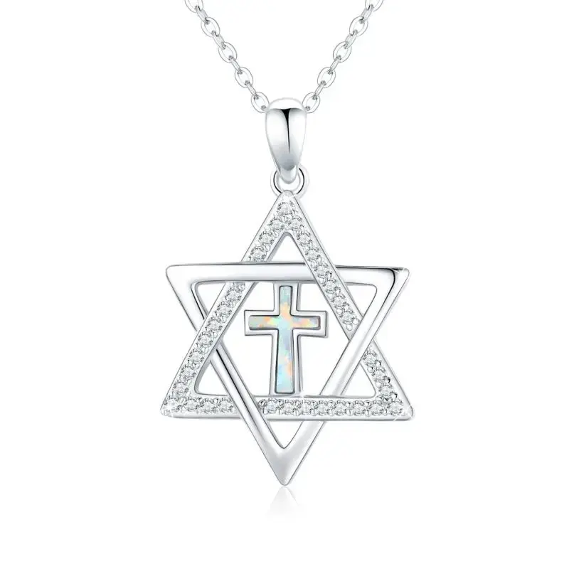 Sterling Silver Circular Shaped Cubic Zirconia Cross & Star Of David Pendant Necklace