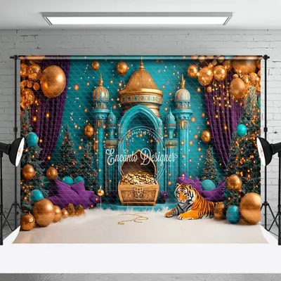 Aperturee Teal Islamic Architecture Tiger Cake Smash Backdrop - Aperturee