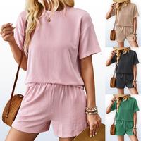 Women's Solid Textured Pocket Shorts Set, Casual Short Sleeve T-shirt & Elastic Waist Shorts, Women's 2 Piece Sets, Ladies Su...