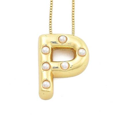 Brass & Plastic Pearl Letter Pendant Box Chain Necklaces for Women
