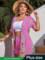 【Plus Size】 All Over Print Shorts & Top Set, Bohemian Casual Open Front Coat & Shorts, Women's Two-piece for Beach Vacati...