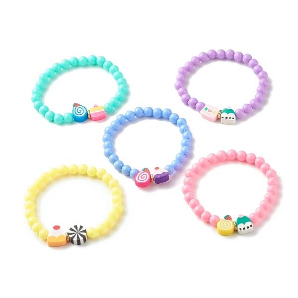 Candy Color Plastic Round Beaded Stretch Bracelet with Food Shape Polymer Clay for Kid