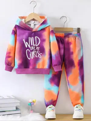 Two-Piece Set Girl's Tie Dye Graphic Hoodie & Elastic Waist Sweatpants Set, Casual Long Sleeve Hooded Pullover & Pants for Fa...