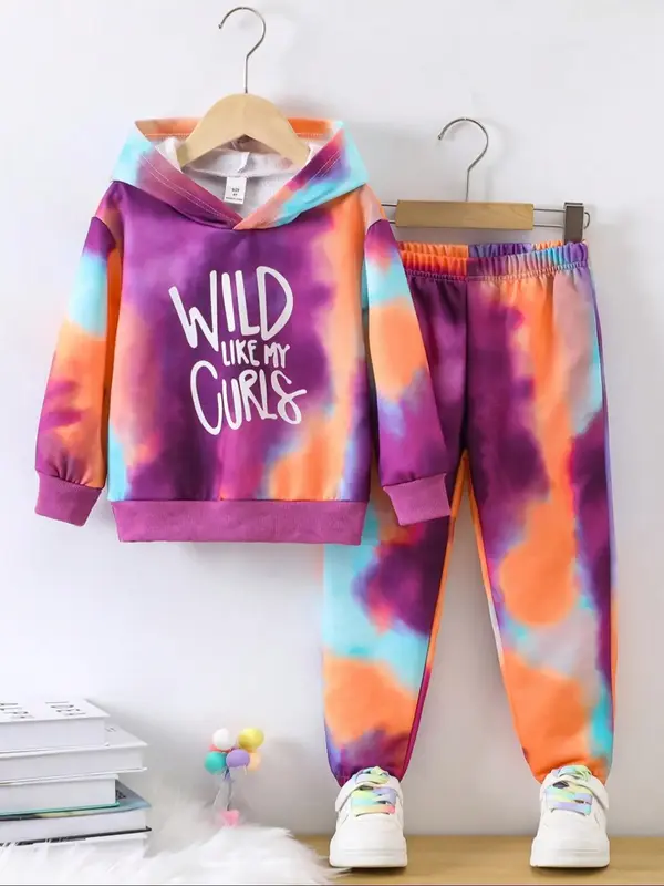 Two-Piece Set Girl's Tie Dye Graphic Hoodie & Elastic Waist Sweatpants Set, Casual Long Sleeve Hooded Pullover & Pants for Fa...