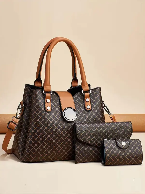 Women's Fashionable Geometric Pattern Bag Set, Large Capacity Shoulder Bag & Clutch & Wallet, Casual Trendy Versatile High-qu...