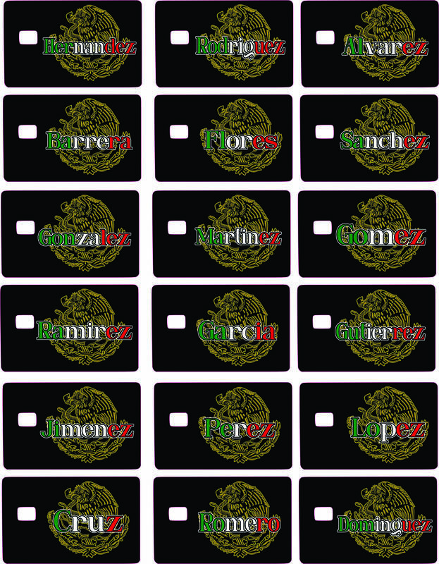 Mexican Lastnames Credit Card Sticker - Collection of Popular Surnames with National Emblem Design