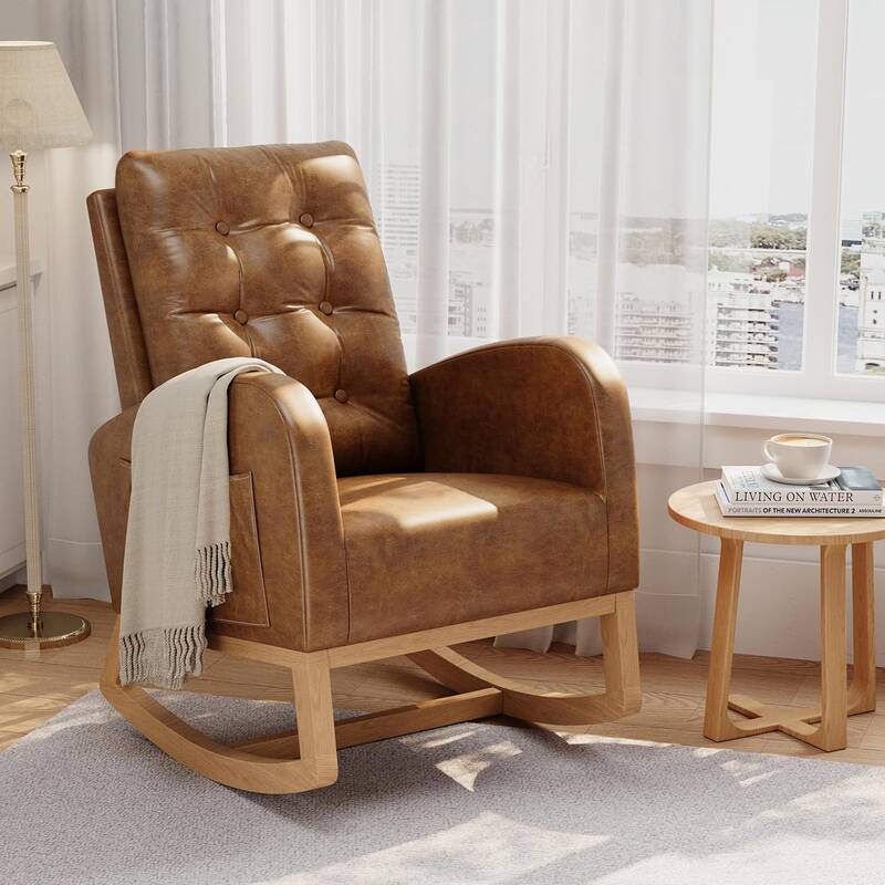 Garvee Nursery Rocking Chair, Breathable PU Leather Upholstery, Sturdy Wooden Legs & High Backrest, Comfortable Glider Rockin...