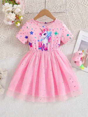 Girl's Unicorn Print Dress, Cute Short Sleeve Dress for Party Holiday, Kids Summer Clothes