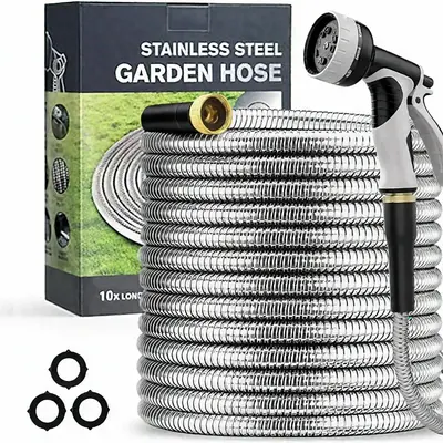 304 Garden Hose Metal 50FT/100FT Stainless Steel Heavy Duty Water Hose with 10 Function Nozzle, No-Kink, Tough & Flexible, Ru...