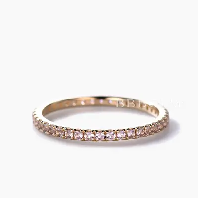 Petite Morganite Wedding Band Micro Pave 14k Yellow Gold Eternity Ring