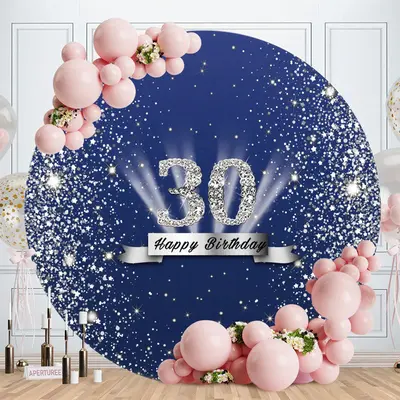 Aperturee Sliver Glitter Round Blue 30th Birthday Backdrop