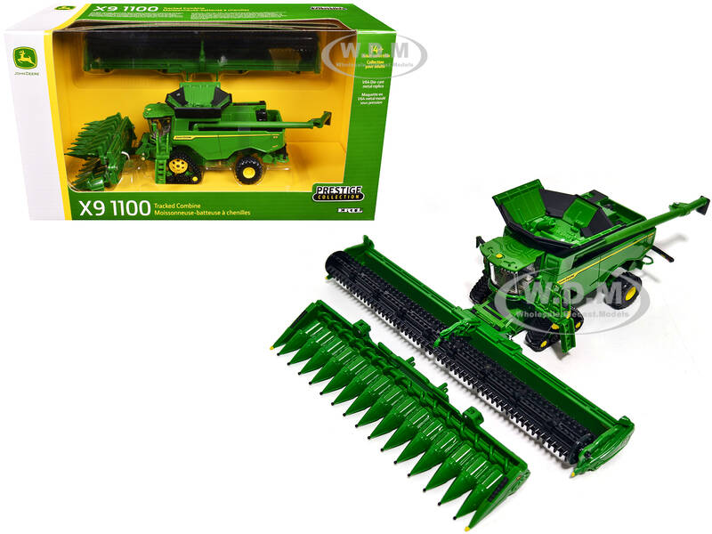 John Deere X9 1100 Tracked Combine with 16-Row Corn Head and Draper Grain Head Green Prestige Collection 1/64 Diecast Model b...