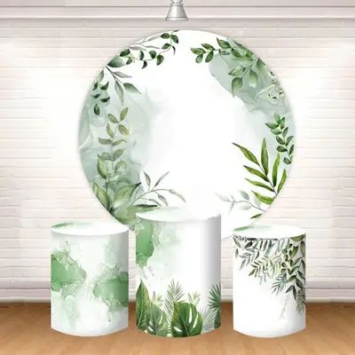 Aperturee Green Leaves White Boho Round Party Backdrop Kit | Party Backdrop Decorations | Party Curtain Backdrop | Custom Bac...