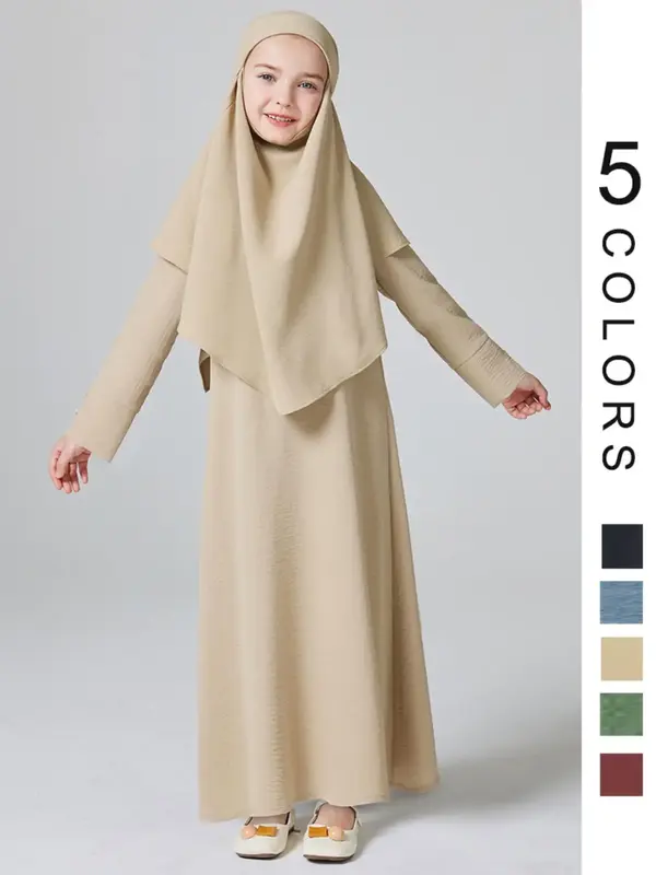 Girl's Solid Button Front Abaya Dress & Hijab Musilim Set, Modest Outfits, Modest Long Sleeve Stand Collar Dress & Button Ba...