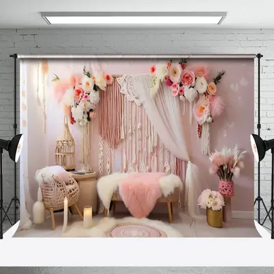 Aperturee Indoor Pink Boho Tassel Floral Candle Photo Backdrop