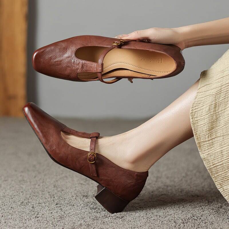 CHIKO Abstinence Square Toe Block Heels T-Strap Shoes