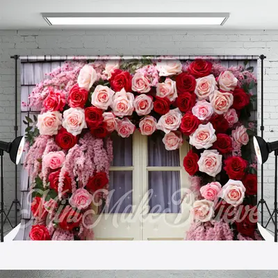 Pink Red Rose Wreath Wall Door Photography Backdrop - Aperturee