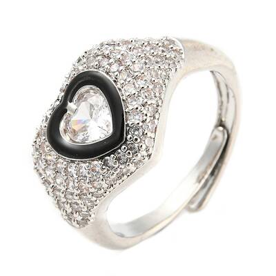 Enamel Heart Adjustable Ring with Clear Cubic Zirconia