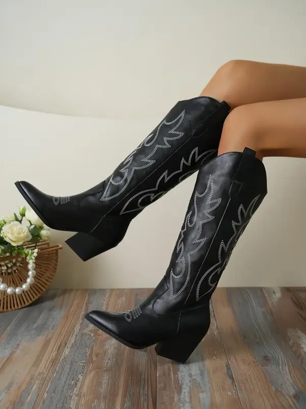 Women's Fashion Embroidering Design Black Cowboy Boots, Pointed Toe High Heel Boots for Party, Daily Clothing Decor for Wom...