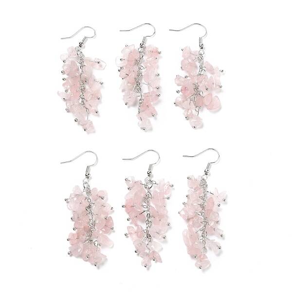 Natural Rose Quartz Chip Beaded Dangle Earrings